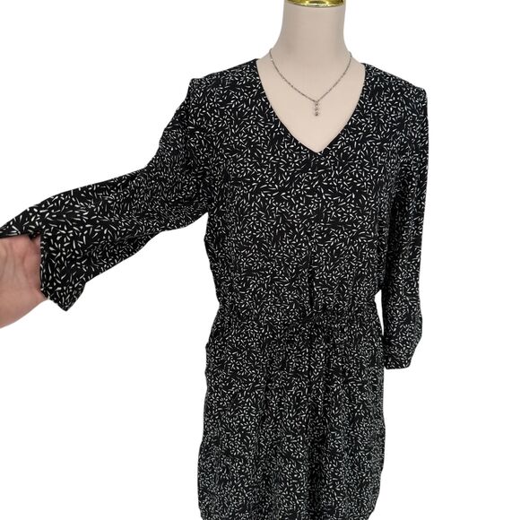 Garnet Hill Dress Size 4 Black Geo Brush Stroke V-Neck 3/4 Sleeve Tie Waist Boho - Picture 6 of 14